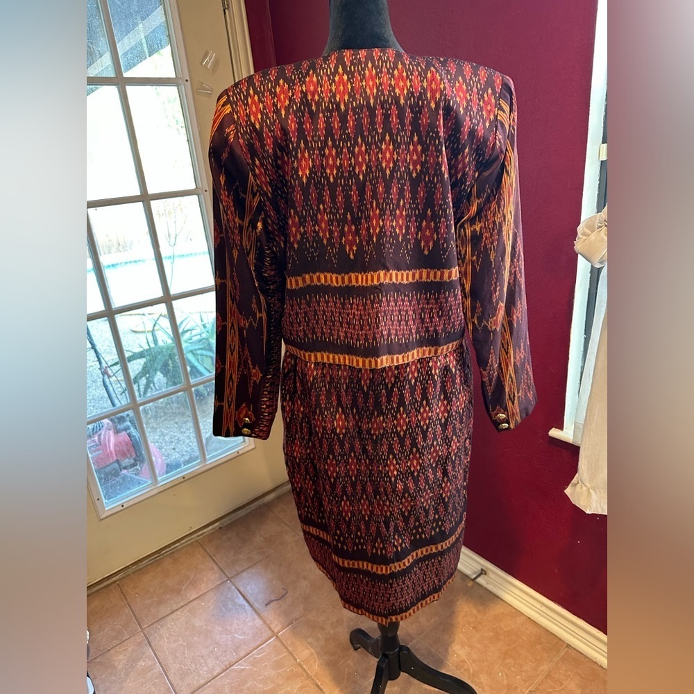 Vintage Alexandra Thai Silk Skirt Suit Set Jacket & Pencil Skirt Ikat Print Sz S - Picture 7 of 12